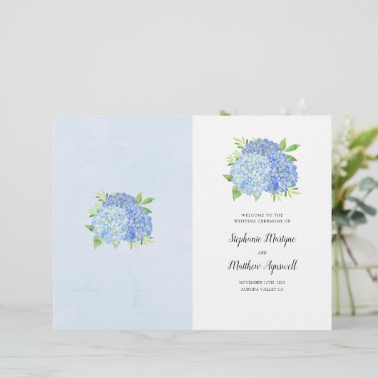 Blue Hydrangea Bouquet Wedding Order of Service (Staand voorkant)