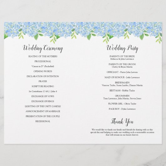Blue Hydrangea Bouquet Wedding Order of Service (Achterkant)