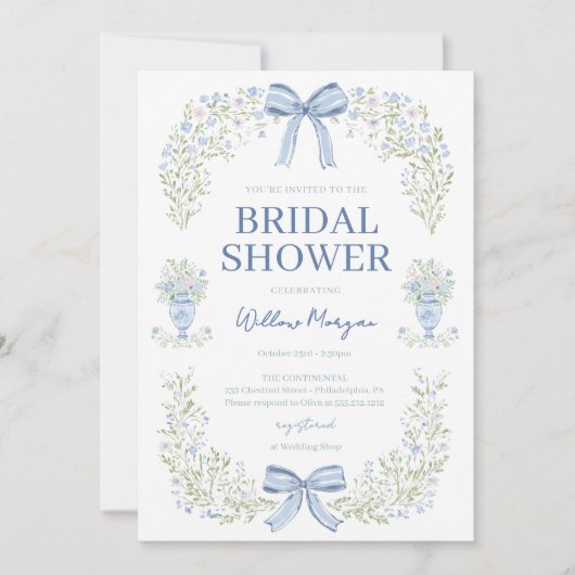 Blue Hydrangea Bow Bridal Shower Invitation Kaart (Voorkant)