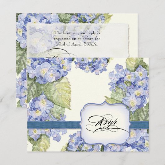 Blue Hydrangea Bracket Floral Formal Wedding RSVP Kaartje (Voorkant / Achterkant)
