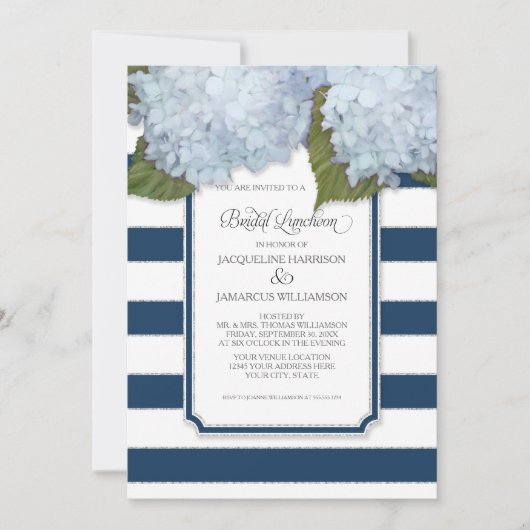 Blue Hydrangea Bridal Luncheon Navy Stripe Modern Kaart (Voorkant)