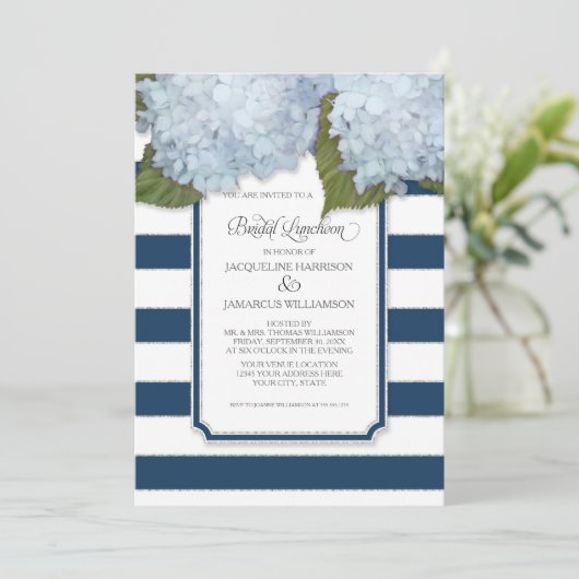 Blue Hydrangea Bridal Luncheon Navy Stripe Modern Kaart (Staand voorkant)