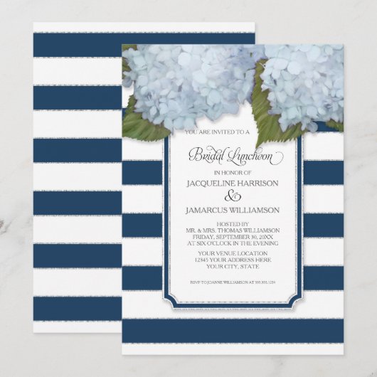Blue Hydrangea Bridal Luncheon Navy Stripe Modern Kaart (Voorkant / Achterkant)