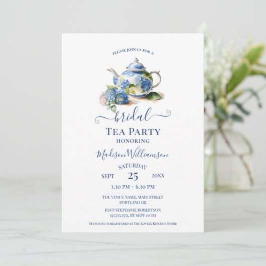 Blue Hydrangea Bridal Tea Party QR-code Kaart (Staand voorkant)