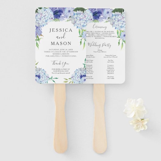 Blue Hydrangea bruiloft fan programma Handwaaier (Voorkant en achterkant)