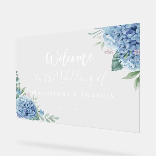 Blue Hydrangea bruiloft welkom Acryl Bord (Hoek)