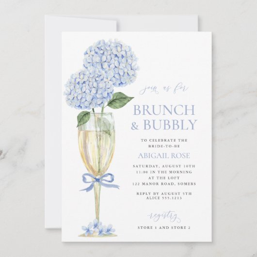 Blue Hydrangea Brunch en Bubbly Serif Champagne Kaart (Voorkant)