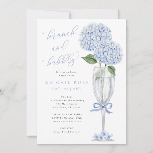 Blue Hydrangea Brunch en Bubbly Silver Champagne Kaart (Voorkant)
