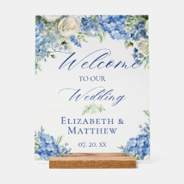 Blue Hydrangea Calligraphy Script Wedding Welkom Acryl Bord