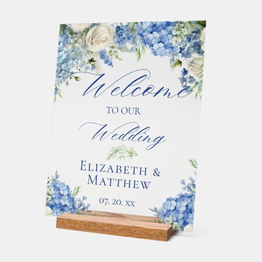 Blue Hydrangea Calligraphy Script Wedding Welkom Acryl Bord (Hoek)