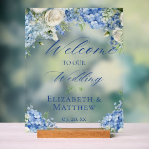 Blue Hydrangea Calligraphy Script Wedding Welkom Acryl Bord