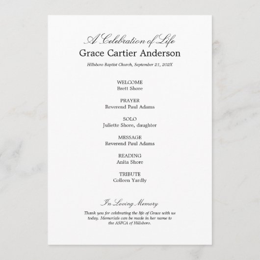 Blue Hydrangea Celebration of Life Programme Programmakaart (Achterkant)