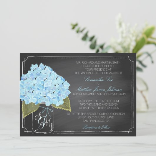 Blue Hydrangea Chalkboard Rustic Wedding Kaart (Staand voorkant)
