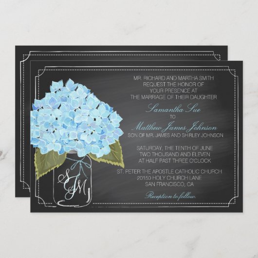 Blue Hydrangea Chalkboard Rustic Wedding Kaart (Voorkant / Achterkant)