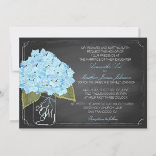 Blue Hydrangea Chalkboard Rustic Wedding Kaart