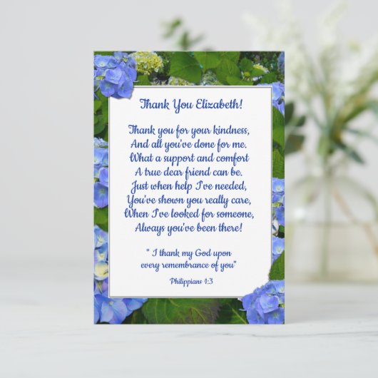 Blue Hydrangea Christelijk Friend Custom Text Bedankkaart (Staand voorkant)