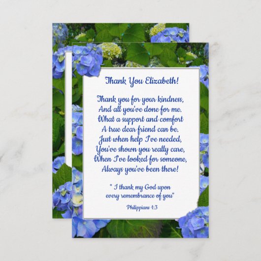 Blue Hydrangea Christelijk Friend Custom Text Bedankkaart (Voorkant / Achterkant)