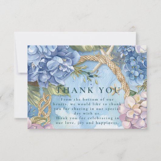 Blue Hydrangea Coastal Rope Wedding Bedankkaart (Voorkant)
