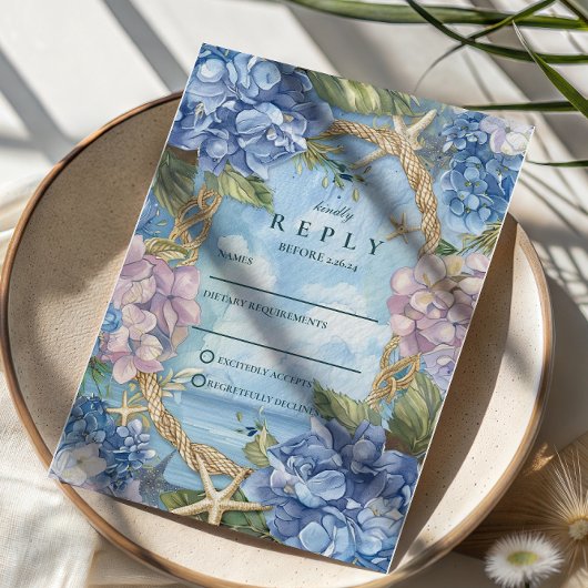 Blue Hydrangea Coastal Rope Wedding RSVP Kaartje