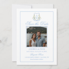 Blue Hydrangea Crest Monogram QR Code Save The Date