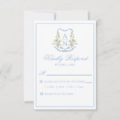 Blue Hydrangea Crest Monogram RSVP Cards (Voorkant)