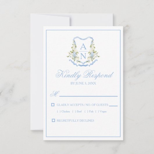Blue Hydrangea Crest Monogram RSVP Cards (Voorkant)