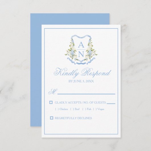 Blue Hydrangea Crest Monogram RSVP Cards (Voorkant / Achterkant)