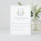 Blue Hydrangea Crest Monogram RSVP Cards Kaartje (Staand voorkant)