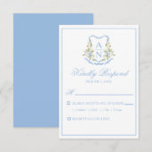 Blue Hydrangea Crest Monogram RSVP Cards Kaartje (Voorkant / Achterkant)