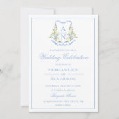 Blue Hydrangea Crest Monogram Wedding Invitation Kaart (Voorkant)
