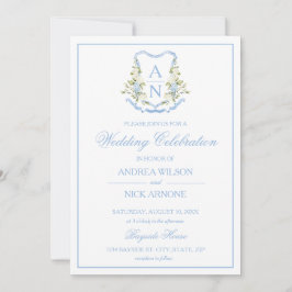 Blue Hydrangea Crest Monogram Wedding Invitation Kaart