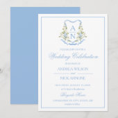 Blue Hydrangea Crest Monogram Wedding Invitation Kaart (Voorkant / Achterkant)