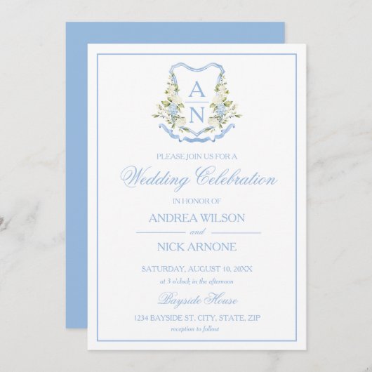 Blue Hydrangea Crest Monogram Wedding Invitation Kaart (Voorkant / Achterkant)