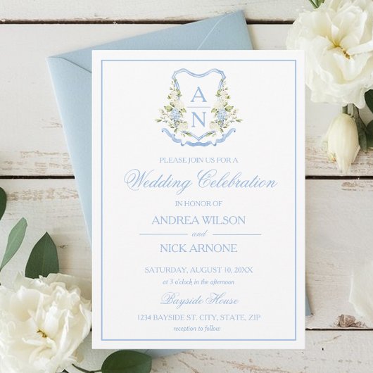 Blue Hydrangea Crest Monogram Wedding Invitation Kaart