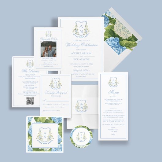 Blue Hydrangea Crest Monogram Wedding Invitation Kaart
