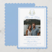 Blue Hydrangea Crest Monogram Wedding Invitation Save The Date (Voorkant / Achterkant)