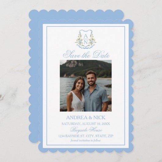 Blue Hydrangea Crest Monogram Wedding Invitation Save The Date (Voorkant / Achterkant)