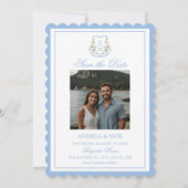 Blue Hydrangea Crest Monogram Wedding Invitation Save The Date (Voorkant)