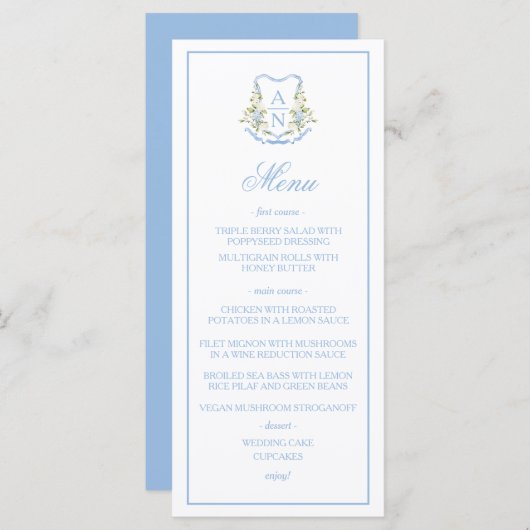 Blue Hydrangea Crest Monogram Wedding Menu (Voorkant / Achterkant)