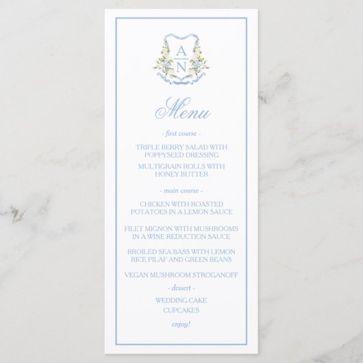Blue Hydrangea Crest Monogram Wedding Menu (Voorkant)