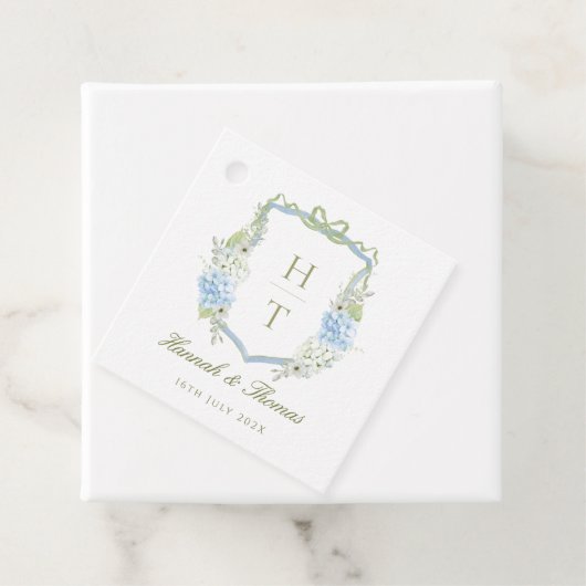 Blue Hydrangea Crest Wedding Monogram Bedankjes Labels (In situ)