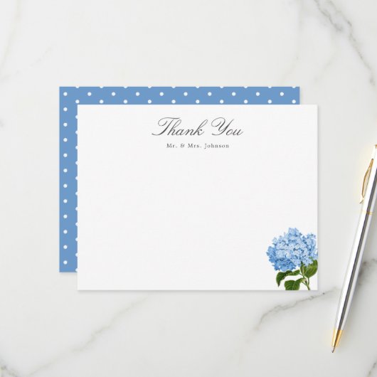 Blue Hydrangea Custom Name Thank You Flat Card RSVP Kaartje (Voorkant / Achterkant in situ)