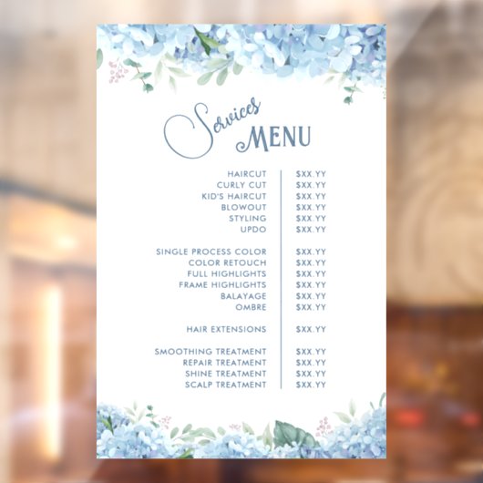 Blue Hydrangea Diensten Menu Raamsticker (Vel 2)