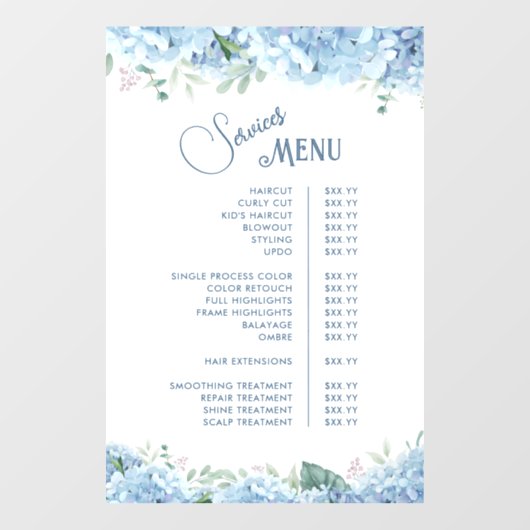 Blue Hydrangea Diensten Menu Raamsticker (Vel)