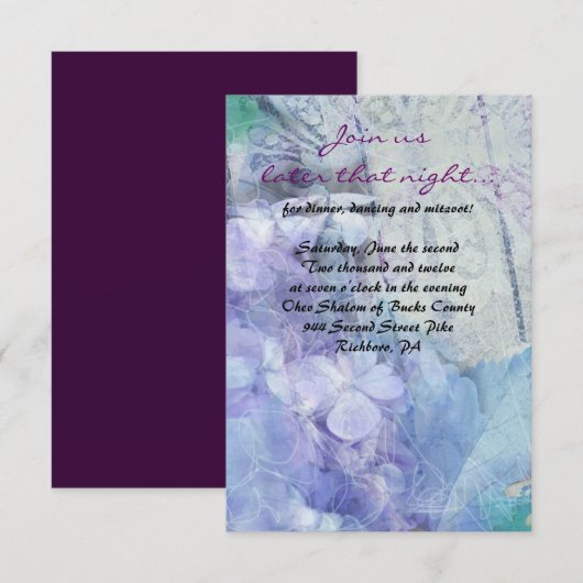 BLUE HYDRANGEA & DRAGONFLY Bat Mitzvah Party Kaart (Voorkant / Achterkant)