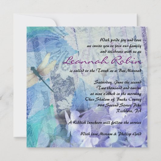 BLUE HYDRANGEA & DRAGONFLY Bat Mitzvah Uitnodiging (Voorkant)
