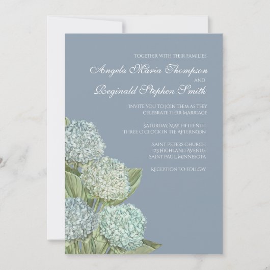 Blue Hydrangea/ Dusty Blue Back Wedding Invitation Kaart (Voorkant)