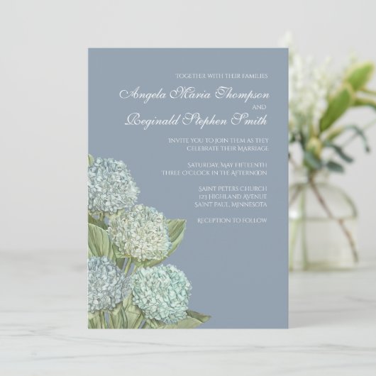 Blue Hydrangea/ Dusty Blue Back Wedding Invitation Kaart (Staand voorkant)