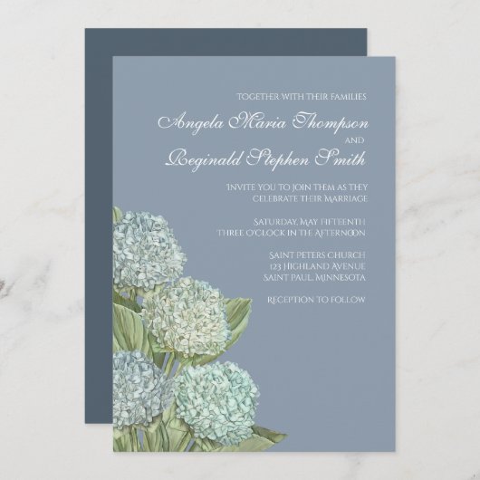 Blue Hydrangea/ Dusty Blue Back Wedding Invitation Kaart (Voorkant / Achterkant)