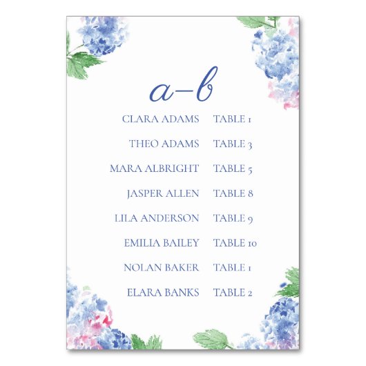 Blue Hydrangea Elegant Alphabetic Seating Charts Kaart (Voorkant)
